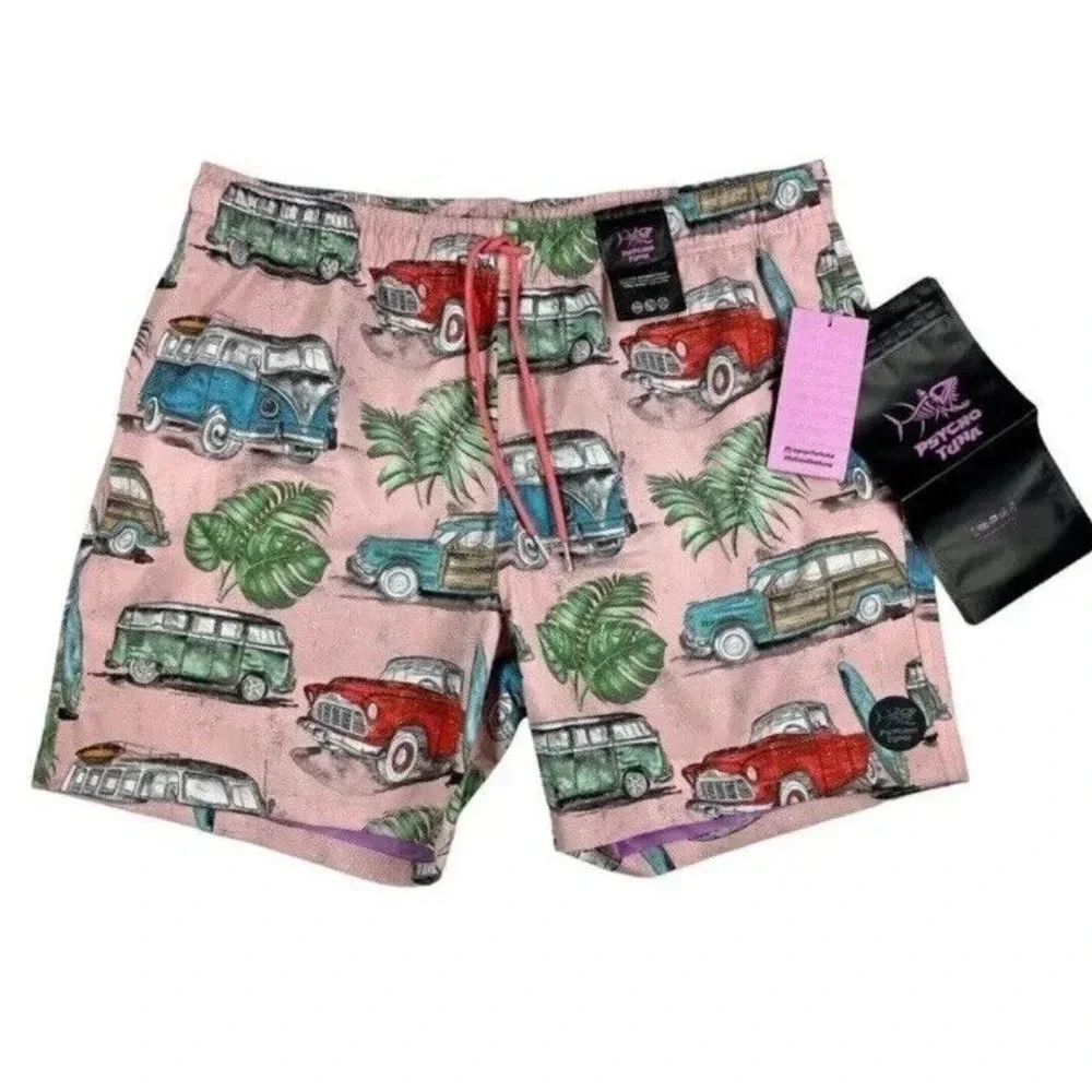 Psycho‎ Tuna Pink Surf Life Vintage Cars Swim Trunks Board Shorts Size XL NWT